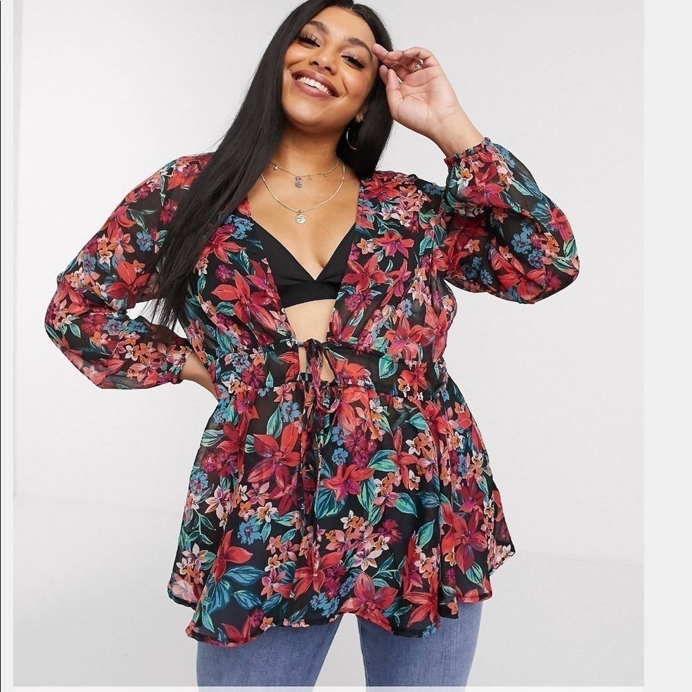 Asos Curve Simplybe tie front kimono blouse floral print US14